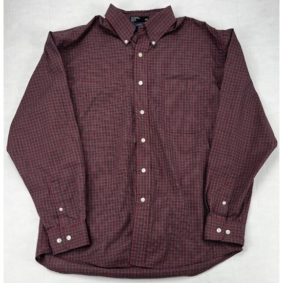Haggar Shirt Mens Medium Red Blue Plaid Button Down Wrinkle Free Pocket Classic - Picture 1 of 5